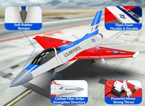 F 16 Fighting Falcon RC Plane With 2.4GHz 2CH Remote, close-up of durable materials and motor on runway, U.S. Air Force design visible.