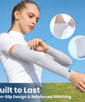 Woman wearing 8 Pairs Soft Arm Sleeves With UPF 50 Plus Sun Protection Cooling Compression Arm Covers for Outdoor Work and Sports.