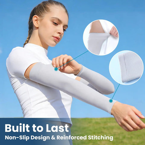 Woman wearing 8 Pairs Soft Arm Sleeves With UPF 50 Plus Sun Protection Cooling Compression Arm Covers for Outdoor Work and Sports.