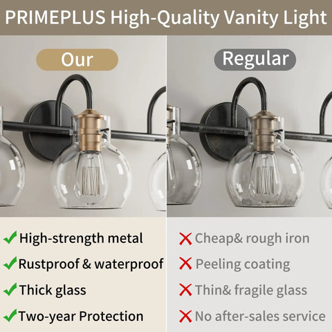 Comparison of vanity lights, highlighting PrimePlus high-quality design with thick glass and rustproof metal against regular options.