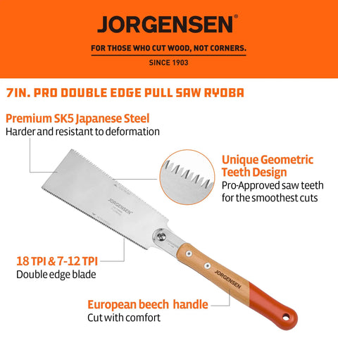 Ryoba 7 Inch Double Edge Japanese Pull Saw for Pro Grade Fine Woodworking, Flush Cuts with Smooth Chip Removal, Geometric Teeth, Two Sided Blade for Versatile Detail Work, Trim and Craft Projects Made Easy, SK5 steel blade and beech handle