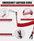 Red emergency lanyard cord with metal hook and plastic ring clip for operator safety, coiled for flexibility.