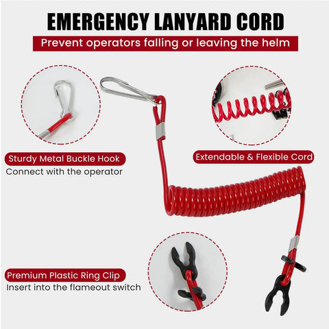 Red emergency lanyard cord with metal hook and plastic ring clip for operator safety, coiled for flexibility.