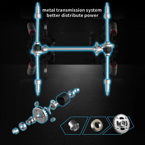 Exploded view of metal transmission system for 1/20 Scale Brushless RC Car With Dual 2S LiPo Batteries, highlighting power distribution.