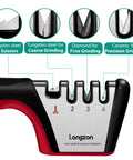 4 Stage Knife Sharpener For All Blades And Scissors With Cut Resistant Glove, showing sharpening stages and materials used