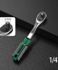 1/4 inch mini ratchet from 53 Piece Metric Motorcycle Tool Kit with green handle, shown with 6.3mm inset detail.