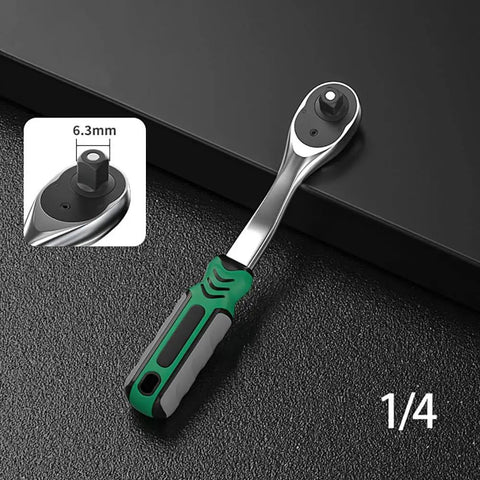 1/4 inch mini ratchet from 53 Piece Metric Motorcycle Tool Kit with green handle, shown with 6.3mm inset detail.