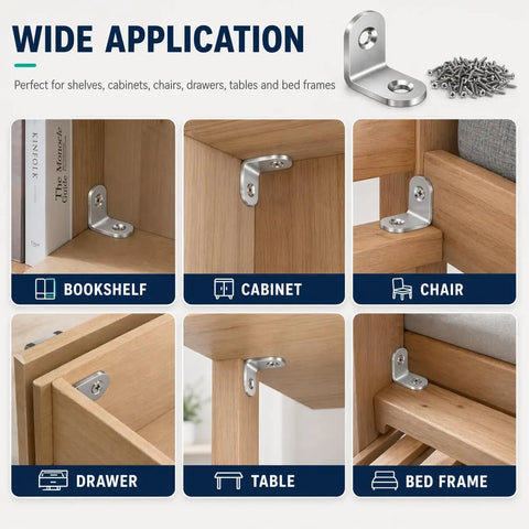 Killer Stainless Steel L Brackets For Shelves With 80 Heavy Duty Screws used in bookshelves, cabinets, chairs, and bed frames.