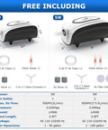 Amazon Fishkeeper 3W/5W dual-outlet aquarium air pump; white and black with tubes, check valves and Y-connector.