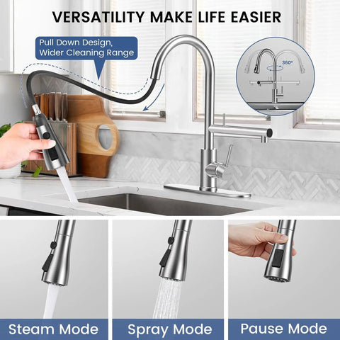 Premium Brushed Nickel Filtered Water Kitchen Faucet Featuring Smooth Pull Down Sprayer And Dual Flow Settings For Hectic Daily Household Cleaning in kitchen.