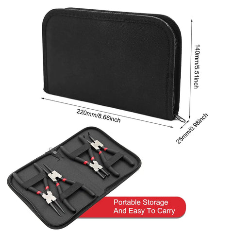4 Pack 7 Inch Snap Ring Pliers Set With Storage Pouch, black pouch and 4 pliers arranged in a foam organizer