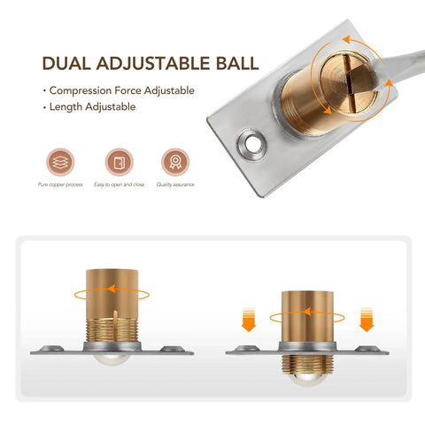 Two Pack Adjustable Door Ball Catch Set In Silver, All Metal Closet Door Latch With Solid Brass Body And Stainless Steel Strike Plate