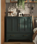 Vintage Brass Drawer Pulls 4 Pack Premium Hand Finished Antique Style Cabinet Handles on a teal cabinet under a shelf.