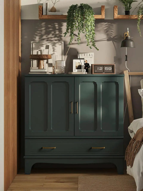 Vintage Brass Drawer Pulls 4 Pack Premium Hand Finished Antique Style Cabinet Handles on a teal cabinet under a shelf.