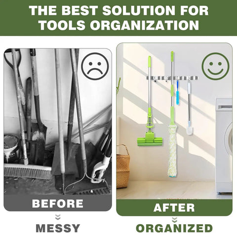 Heavy Duty Stainless Steel Broom Holder Wall Mount With Five Racks And Four Hooks Space Saving Mop Organizer comparison.