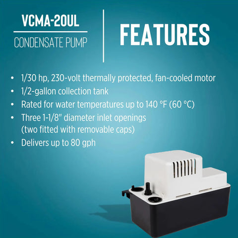 VCMA-20UL 230V Automatic Condensate Removal Pump For HVAC Refrigeration And Dehumidifiers, 80 GPH, 1/30 HP, features shown