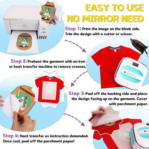 Instructions for using 20 Sheets Heat Transfer Paper For T Shirts 8.5 By 11 Inches Printable Transfer Vinyl For Dark Fabric With Vivid Color And Durable Iron On Finish Easy Peel And Smooth Results On Dark Tees on a red shirt