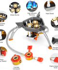 Beast Power 7200W Windproof Camping Stove with Piezo Ignition, brass burners, canister adapter, and wind shield features.