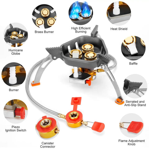 Beast Power 7200W Windproof Camping Stove with Piezo Ignition, brass burners, canister adapter, and wind shield features.