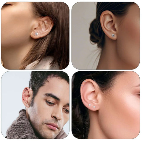 15 Pairs Ball Stud Earrings Set In 2mm 3mm 4mm 5mm 6mm Stainless Steel Silver Polished Studs For Men And Women Go-To Everyday Jewelry Multisize Surgical Steel Ball Earrings on men and women ears