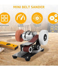 Ultra Compact Mini Electric Belt Sander With Grinder Set For Precision DIY Polishing And Knife Edge Sharpening Multifunction Desktop Sharpener Tool on a workbench showing adjustable features.