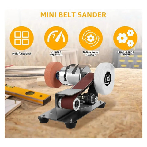 Ultra Compact Mini Electric Belt Sander With Grinder Set For Precision DIY Polishing And Knife Edge Sharpening Multifunction Desktop Sharpener Tool on a workbench showing adjustable features.
