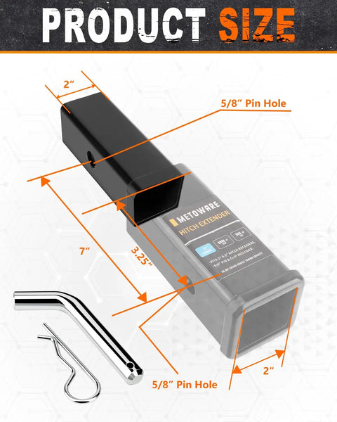 Trailer Hitch Extender With 7 Inch Length Fits 2 Inch Receiver Tube 5000 Lbs GTW Includes Five Eighth Inch Pin And Clip