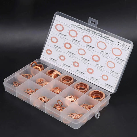 Solid 150 Pack Red Copper Gasket Washers M5 To M22 Perfect For Car Sealing Jobs Oil Water Fuel Hydraulic Connections That Keep You From Leaking Or Stressing No More Drips Just Quality Seals That Last! copper washer set in plastic organizer
