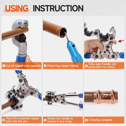 iCrimp copper pipe pressing tool kit with cutter and deburring tool; blue-handled press tool with copper pipe