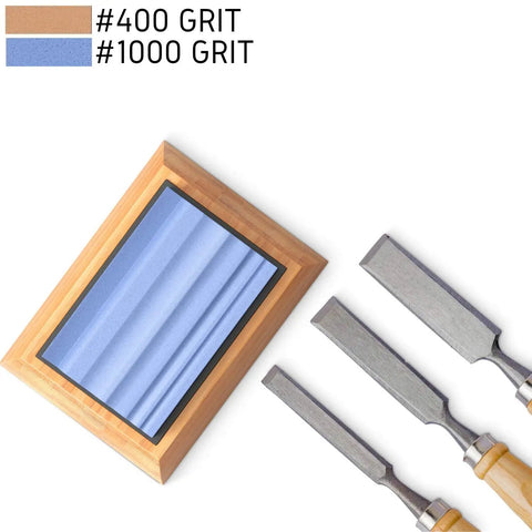 Two Whetstones Grit 400 And 1000 Gouge Sharpener Waterstone Sharpening System with bamboo base beside chisels