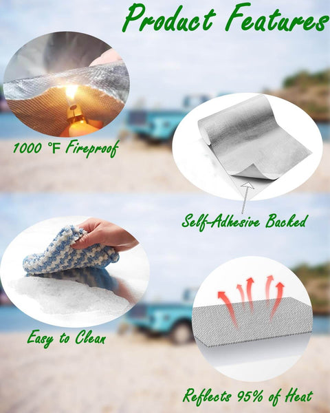 Self-Adhesive Aluminized Fiberglass Heat Shield features, including 1000°F fireproof, self-adhesive backing, easy to clean, reflects heat.