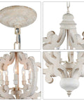 Close-up of Farmhouse Style 5 Light Wood Chandelier Light Fixture, featuring white finish and elegant wood detailing.