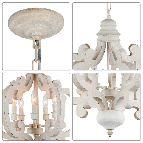 Close-up of Farmhouse Style 5 Light Wood Chandelier Light Fixture, featuring white finish and elegant wood detailing.