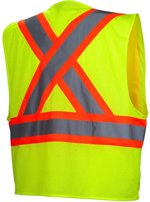Large size high viz lime safety vest with bold contrast reflective tape, breathable mesh back for job sites and highway crews.