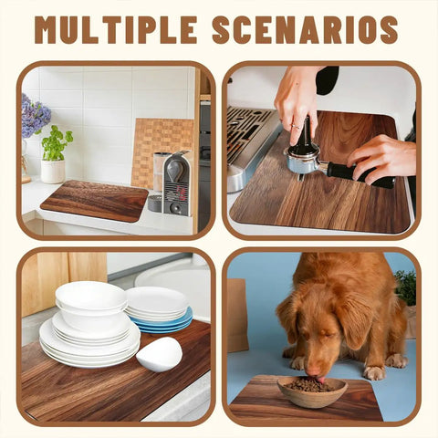 Natural Brown Rustic Wood Grain Dish Drying Mats Two Pack Absorbent Non Slip Kitchen Counter Mats For Coffee Machines