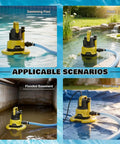 Badass Heavy Duty 1HP Submersible Pool Cover Pump With Detachable Base And Dual Outlets 3500 GPH in various applications.