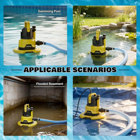 Badass Heavy Duty 1HP Submersible Pool Cover Pump With Detachable Base And Dual Outlets 3500 GPH in various applications.