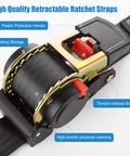 Two Pack 2 Inch Retractable Ratchet Straps With Storage Bag, close-up of ratchet mechanism and labeling features