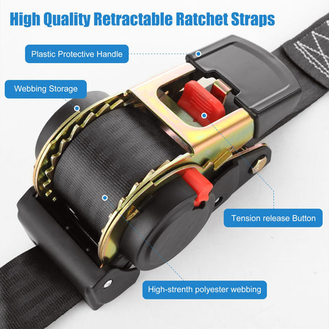 Two Pack 2 Inch Retractable Ratchet Straps With Storage Bag, close-up of ratchet mechanism and labeling features