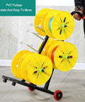Heavy Duty Wire Spool Rack Dispenser for shop floor use, portable organizer with yellow spools, PVC pulleys shown in field use