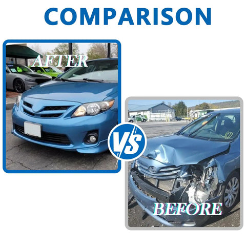 Comparison of a Toyota Corolla with front bumper lower grille installed vs. damaged front end, showcasing grille replacement impact.