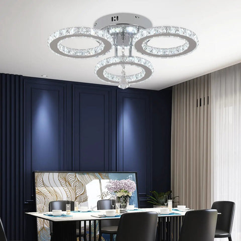 Crystal Chandelier 5 Light LED Flush Mount Ceiling Fixture In Cool White For Foyer, Living Room, Dining Room, Bedroom, Hallway