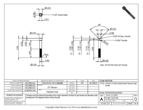 Technical drawing of Heavy Duty Pack Of Ten Grade Two Pure Titanium Socket Head Cap Screws One Quarter Twenty By Two Inch UNC.