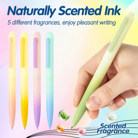 Hand holding Gel Pen Set 0.5mm Quick-Drying Black Ink With Naturally Scented Fruity Ink, Smooth Non-Bleed Writing, Gradient Color Barrel.