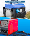 Two machines showcasing wide application: a blue portable generator and a red welding machine with cables.