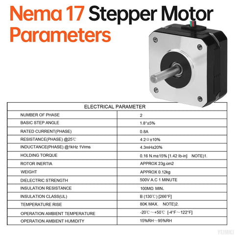 Nema 17 Stepper Motor 2 Phase 1.8 Degree 0.16 Nm High Torque Bipolar With 4 Wire Cable showing electrical parameters chart