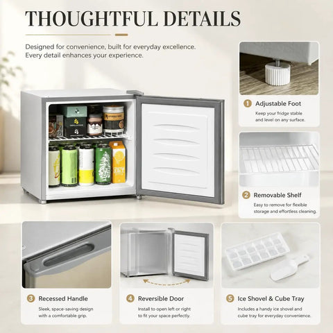 1.1 Cu Ft Compact Mini Freezer Solid Upright Build with removable shelf and adjustable foot, ideal for dorm rooms.