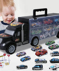 Child playing with Big Transport Car Carrier Set With 12 Die Cast Vehicles And 8 Traffic Signs For Kids Ages 3 To 7 Durable Plastic Construction