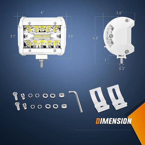 Marine LED Light Pods Four Inch White Spot Flood Combo Two Pack dimensions and mounting hardware shown