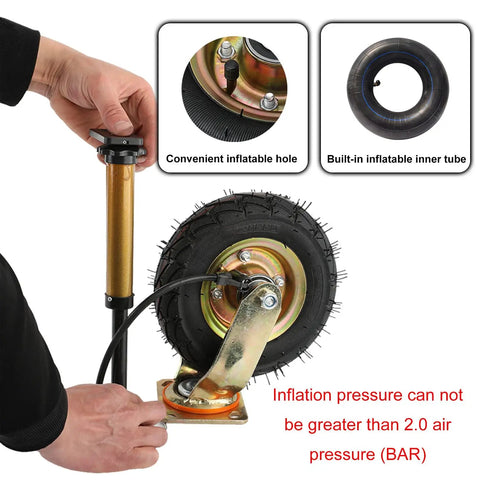 Heavy Duty Pneumatic Rubber Caster Wheels With Brakes Heavy Hitters 4 Pack inflating a rubber wheel with inner tube.